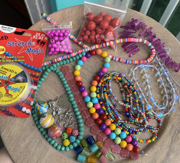 assorted jewelry making supplies perfect for waist beads, beaded bracelets and more. includes glass beads, crystal beads and stone beads