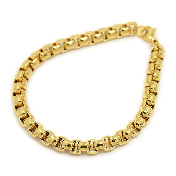 golden Venetian chain bracelet with lobster claw clasp on white background. 