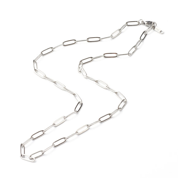 stainless steel medium link paperclip chain necklace with lobster claw clasp on white background. 