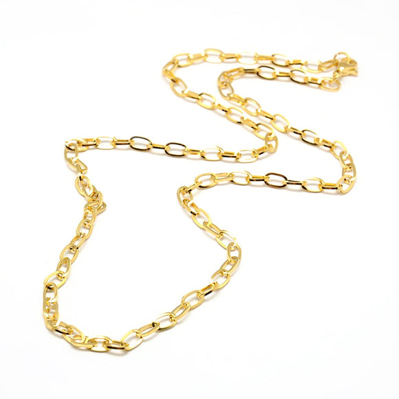 golden oval cable chain necklace with lobster claw clasp on white background. 