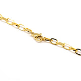 zoomed in section of golden oval cable chain necklace with lobster claw clasp on white background. 