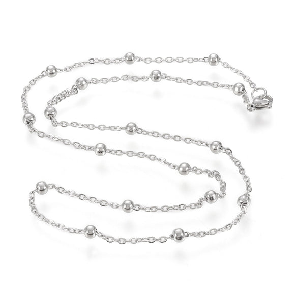 stainless steel large bead satellite chain necklace with lobster claw clasp on white background. 