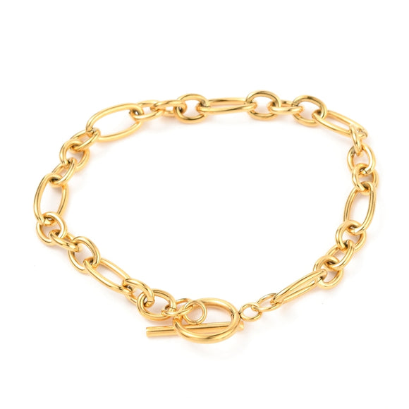 golden Figaro chain bracelet with toggle clasp on white background. 
