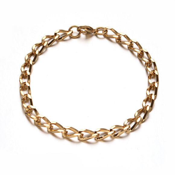 golden twisted chain bracelet with lobster claw clasp on white background. 