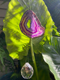dyed agate slice with prism with leafy background