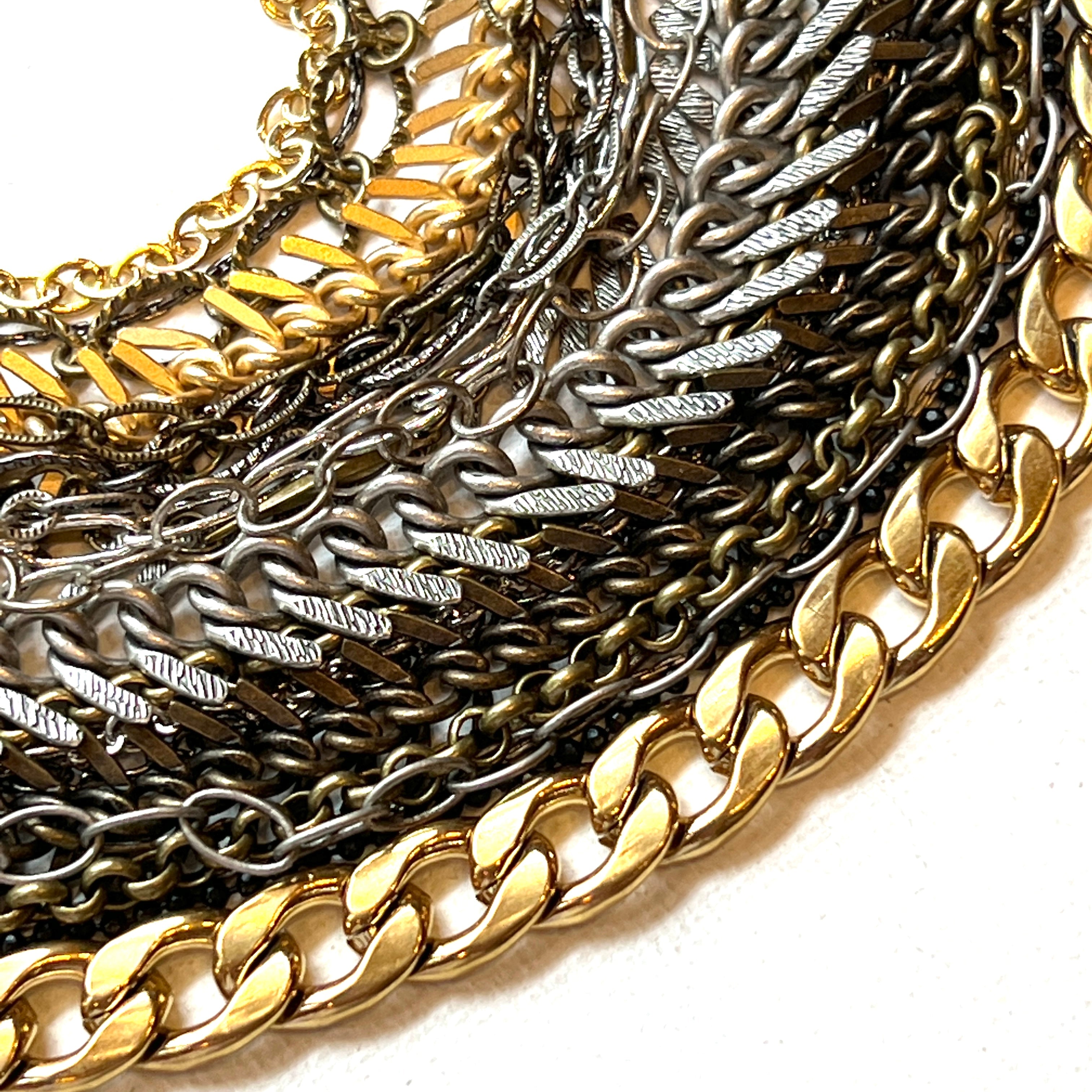 Assorted plated brass chains, ranging from tiny and dainty to thick and chunky. This is a sample photo of many styles we offer in antique silver, gold plated, antique brass, and satin gold 