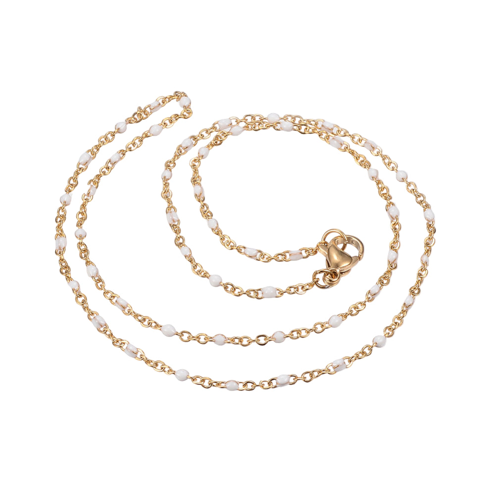 golden white enamel link chain necklace with lobster claw clasp on white background. 