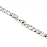 zoomed in section of lobster claw clasp on a stainless steel Figaro chain necklace on a white background. 