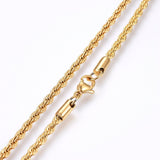 zoomed in sections of golden rope chain with lobster claw clasp on white background. 