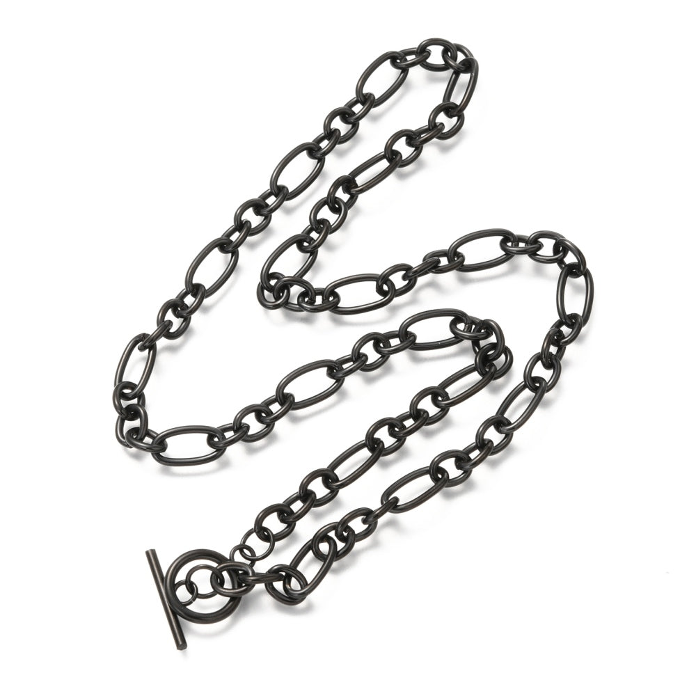 black Figaro chain necklace with toggle clasp on a white background.