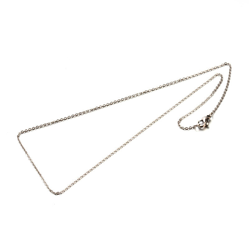 silver tone fine flat cable chain necklace with lobster claw clasp on a white background. 