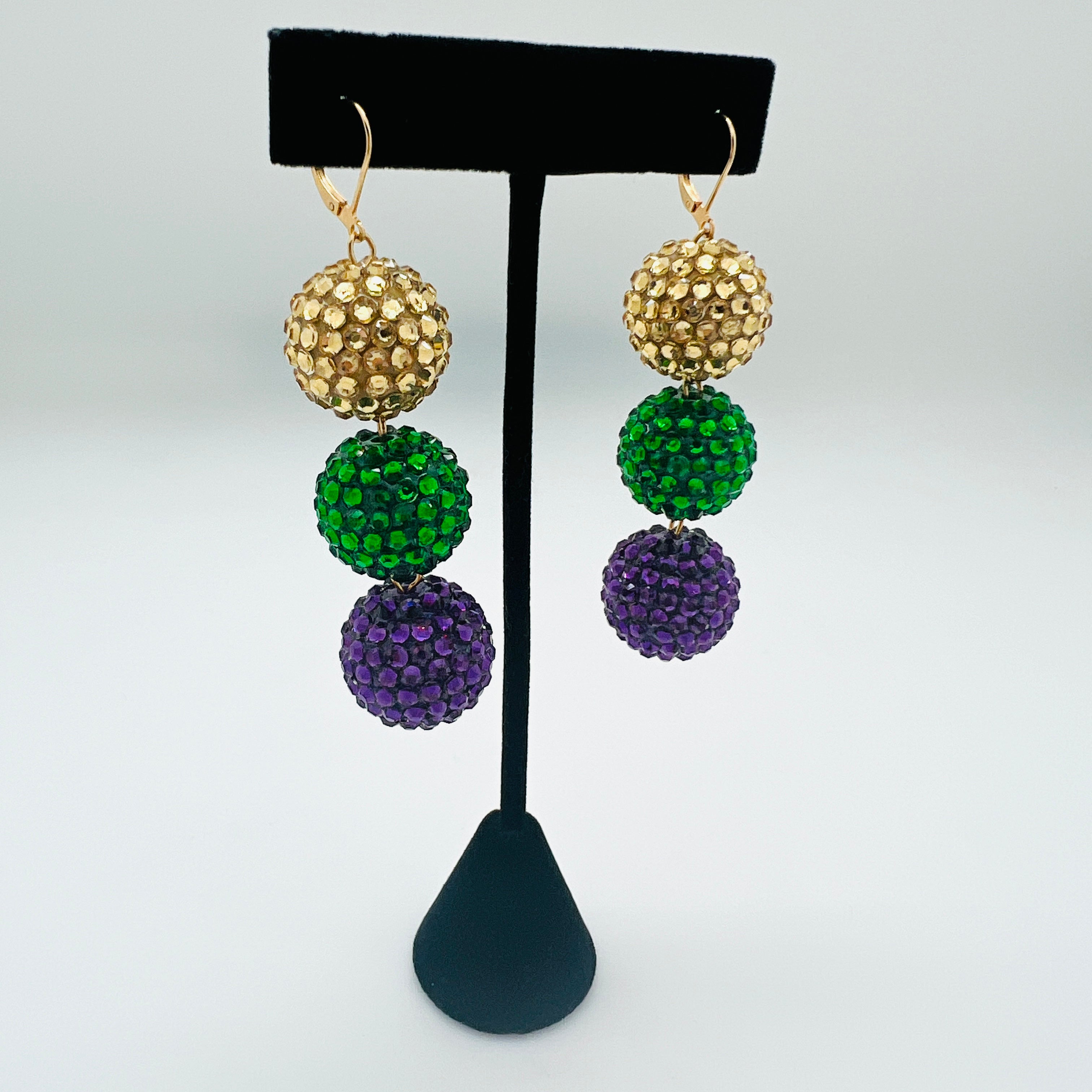 Rhinestone Triple Bead Mardi Gras Earrings