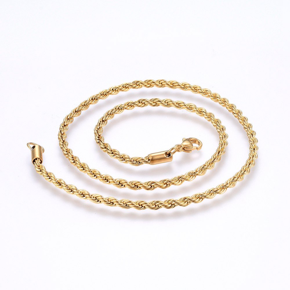 golden rope chain with lobster claw clasp on white background. 