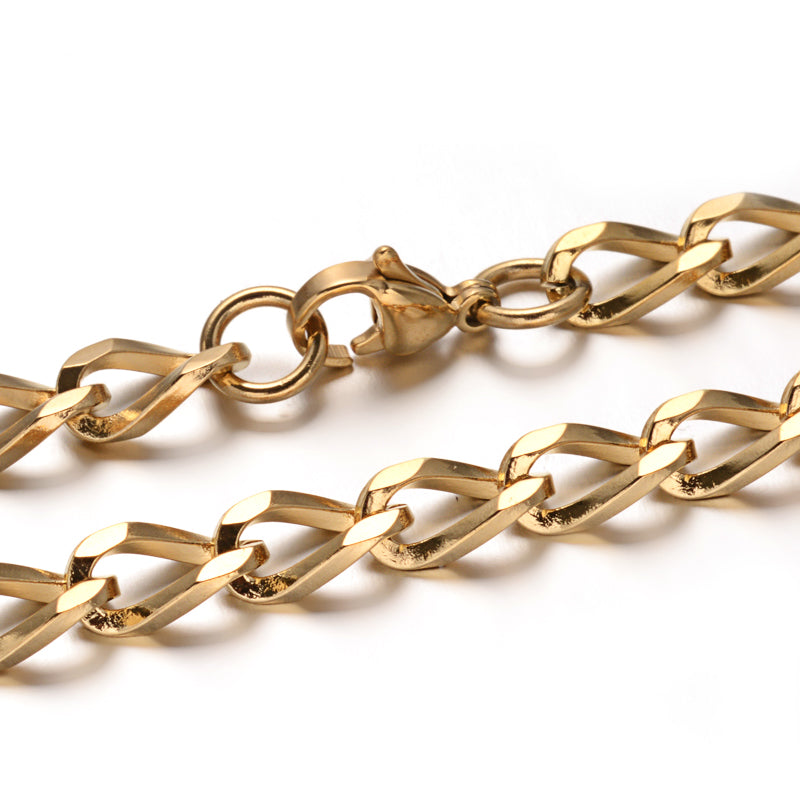 zoomed in sections of golden twisted chain bracelet with lobster claw clasp over white background. 