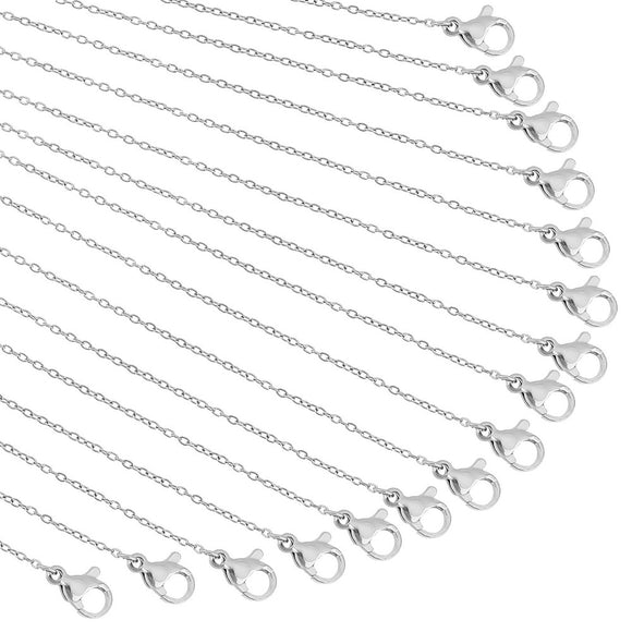 sixteen silver color small cable chain necklace with lobster claw on white background.