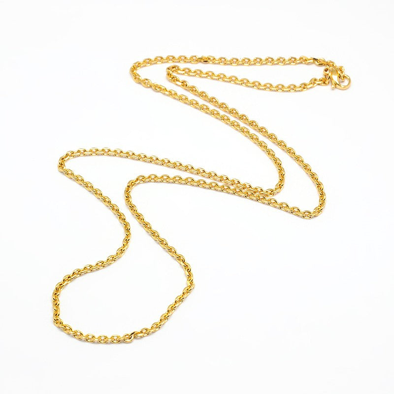 golden flat cable chain with lobster claw clasp on a white background. 