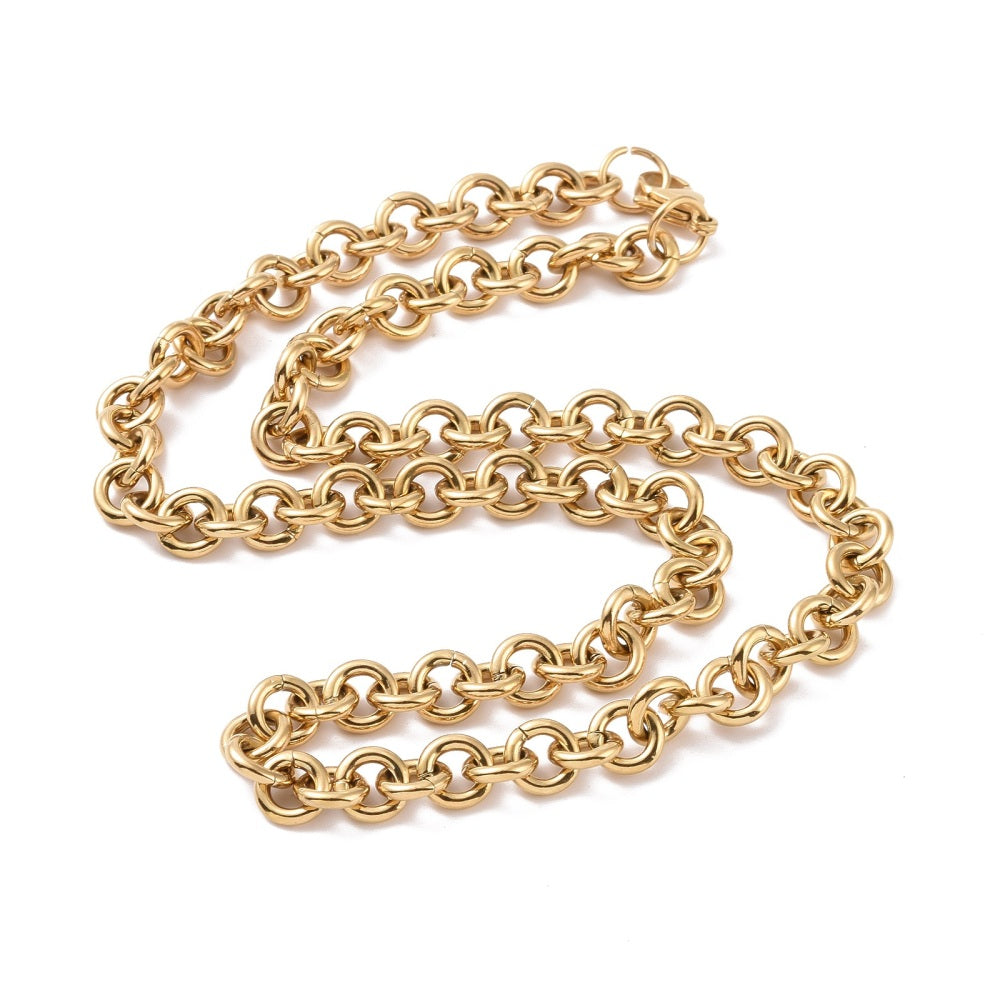 golden large Rolo chain necklace with lobster claw clasp on white background. 