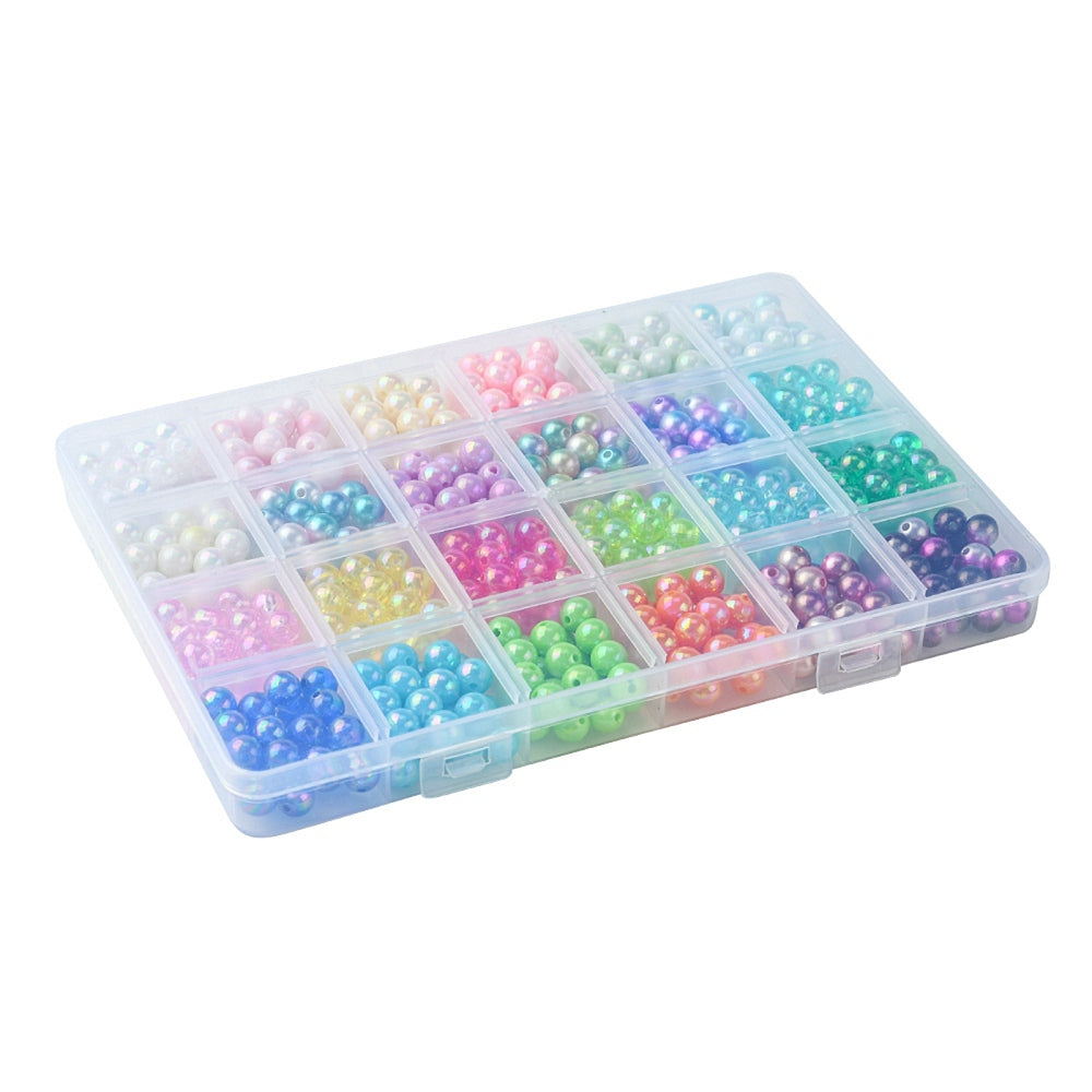 closed and full box of twenty-four unique varieties of smooth round beads over white background. 