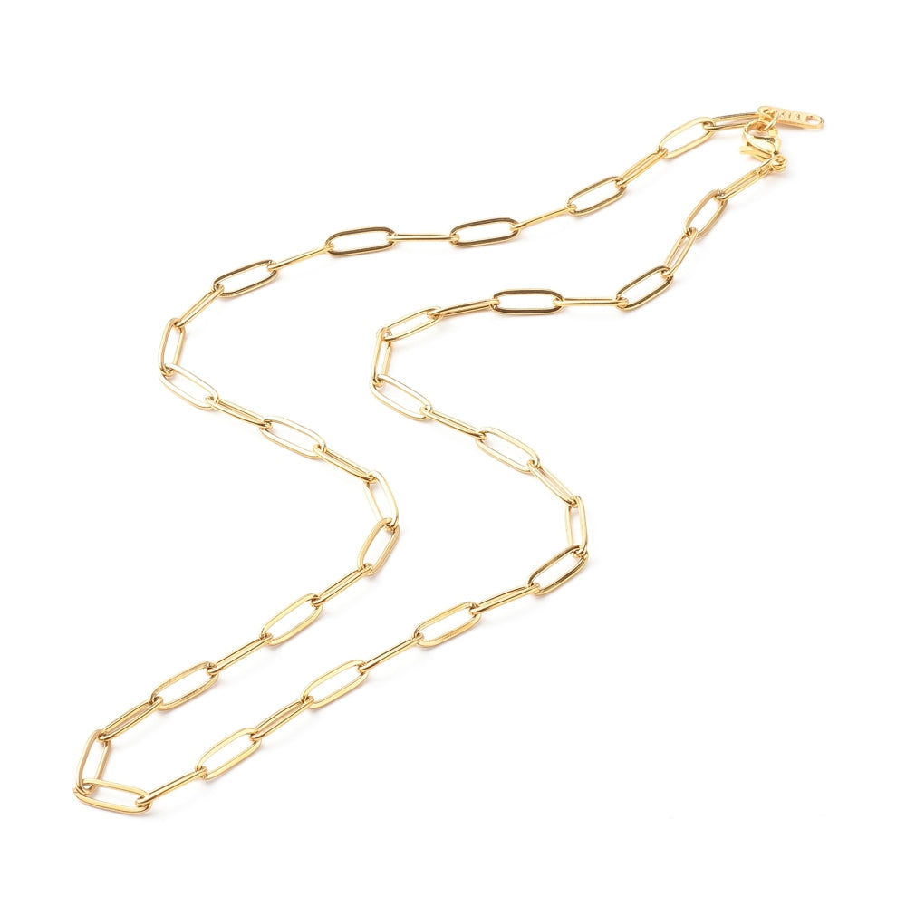 golden medium link paperclip chain necklace with lobster claw clasp on white background. 