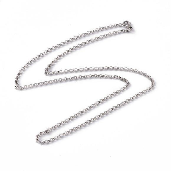 stainless steel medium Rolo chain necklace with lobster claw clasp on white background. 