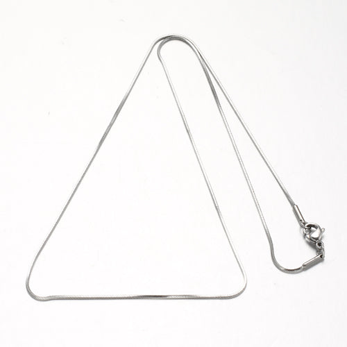 silver tone square snake chain necklace with lobster claw clasp on white background. 