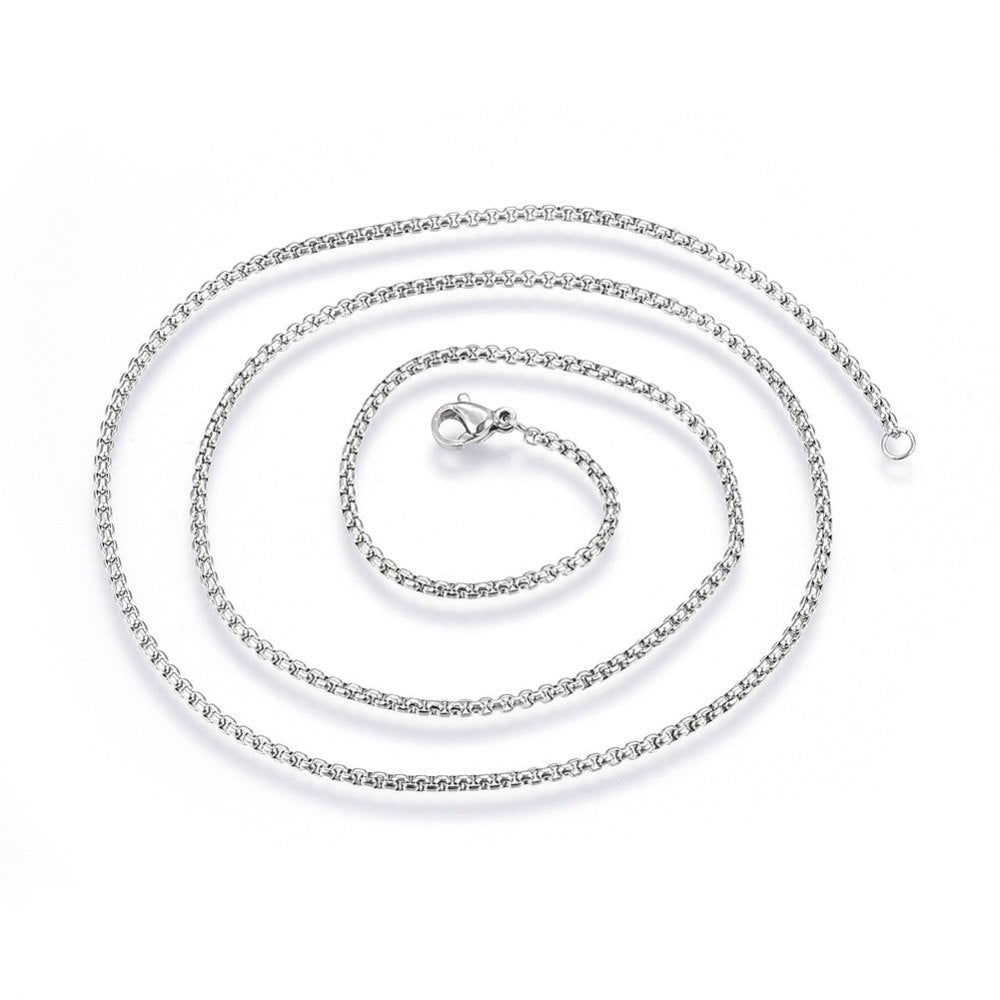 stainless steel squared Rolo chain necklace with lobster claw clasp on white background. 