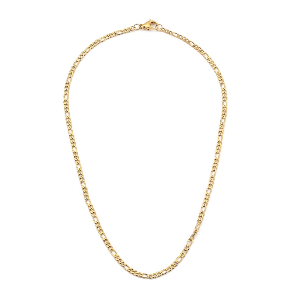 golden Figaro chain with lobster claw clasp over white background. 