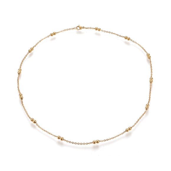 golden cable link double satellite chain necklace with lobster claw clasp on a white background. 