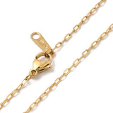 zoomed in sections of golden tiny paperclip necklace with lobster claw clasp on white background.