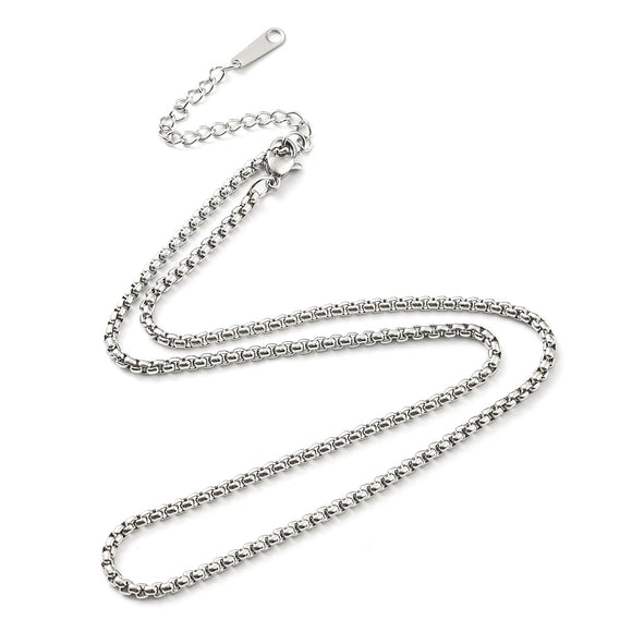 silver tone Venetian box chain necklace with lobster claw clasp and extender chain over white background. 
