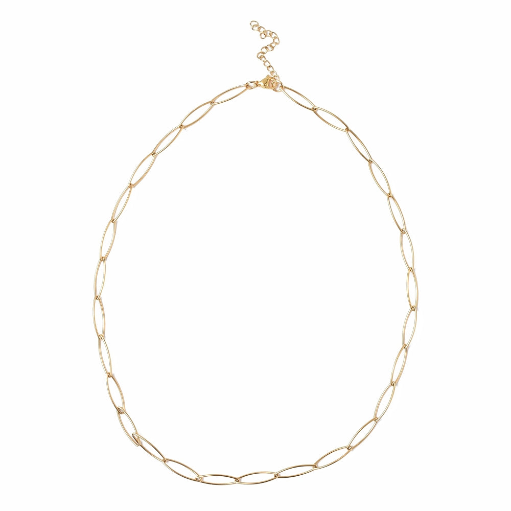 golden marquise paperclip chain necklace with lobster claw clasp and extender chain on white background. 