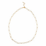 golden marquise paperclip chain necklace with lobster claw clasp and extender chain on white background. 