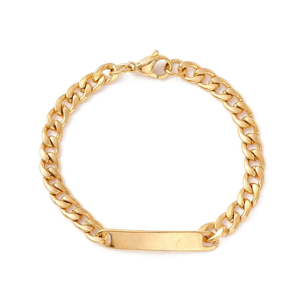 golden curb chain bracelet with rectangular bar plate and lobster claw clasp over white background. 