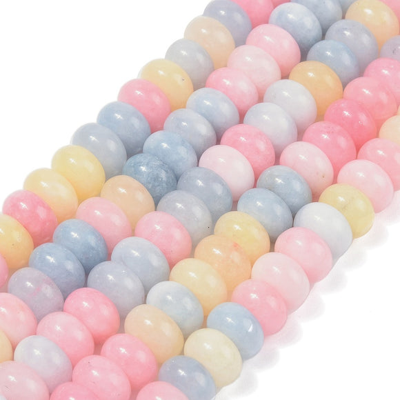 zoomed in sections of multicolor pastel smooth rondelle jade bead strands over white background.  