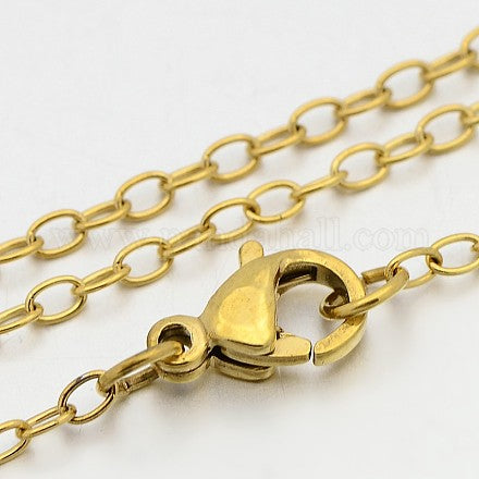 zoomed in section of golden cable chain necklace with lobster claw clasp over white background. 