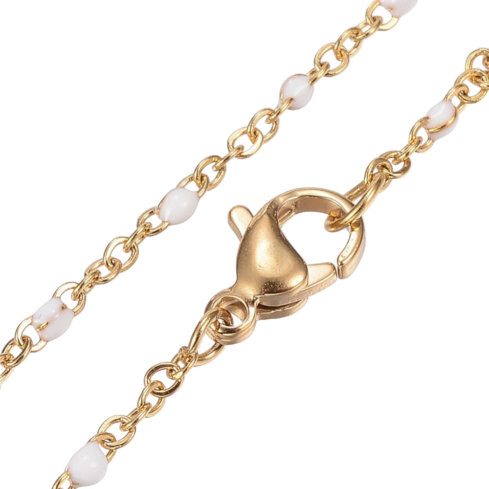 zoomed in sections of golden white enamel link chain necklace with lobster claw clasp on white background. 