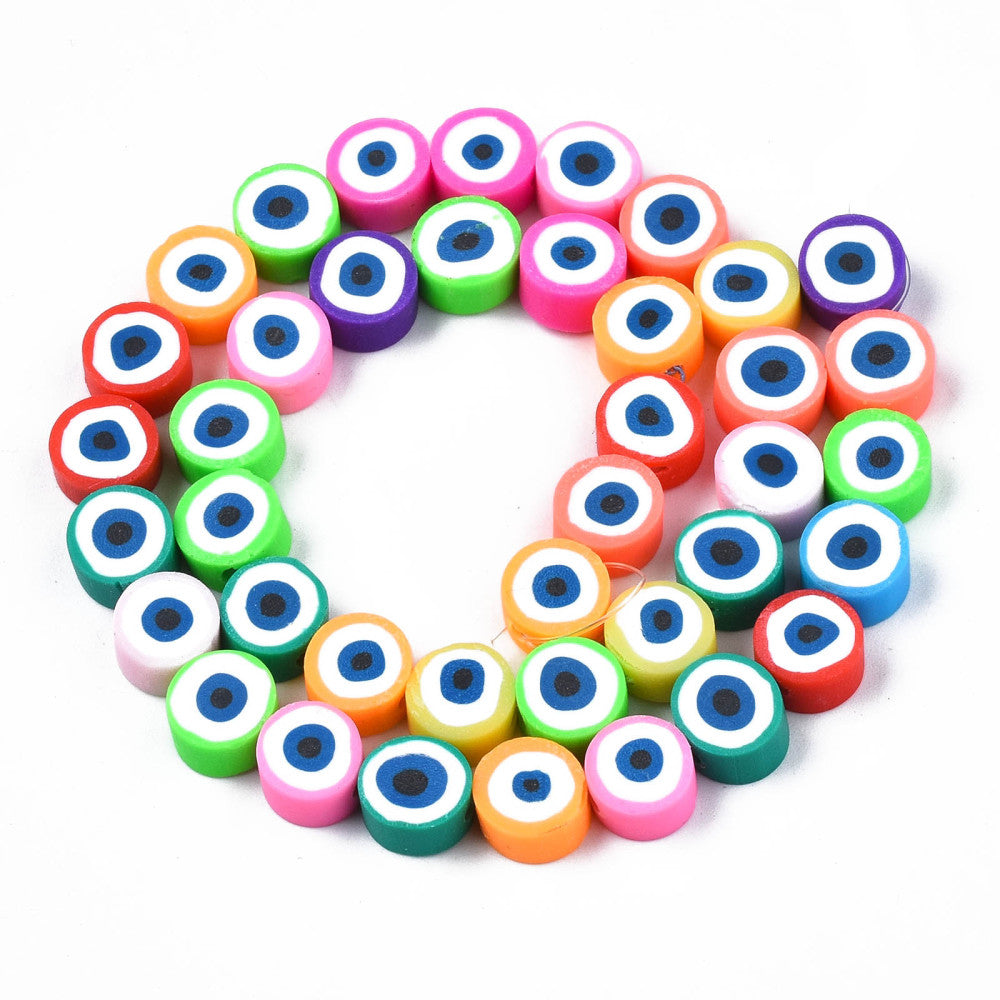 multicolor polymer clay round eye bead strand in swirl design over white background. 