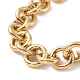 zoomed in section of golden large Rolo chain necklace on white background.
