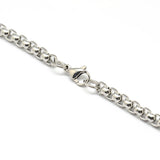 zoomed in section of silver tone heavy Venetian box chain necklace with lobster claw clasp over white background. 