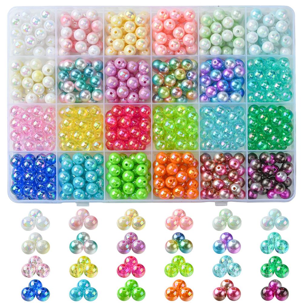 twenty-four compartment plastic bead box full of different varieties of smooth, round beads. below the box shows three loose beads of each variety over white background. 