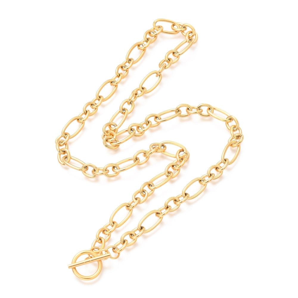 golden Figaro chain necklace with toggle clasp on a white background.