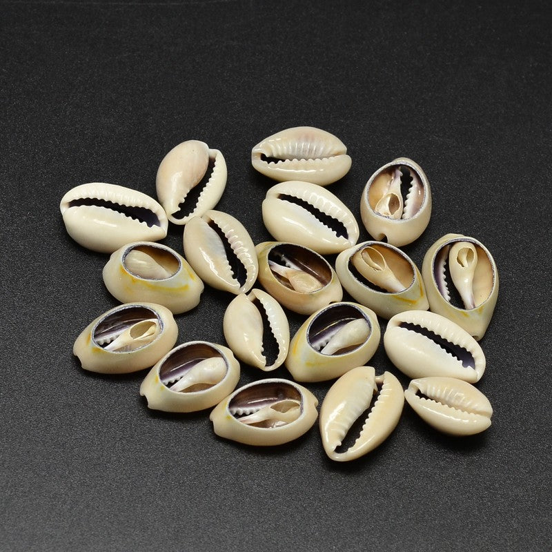 collection of natural cowrie shell beads on a black textured surface. 
