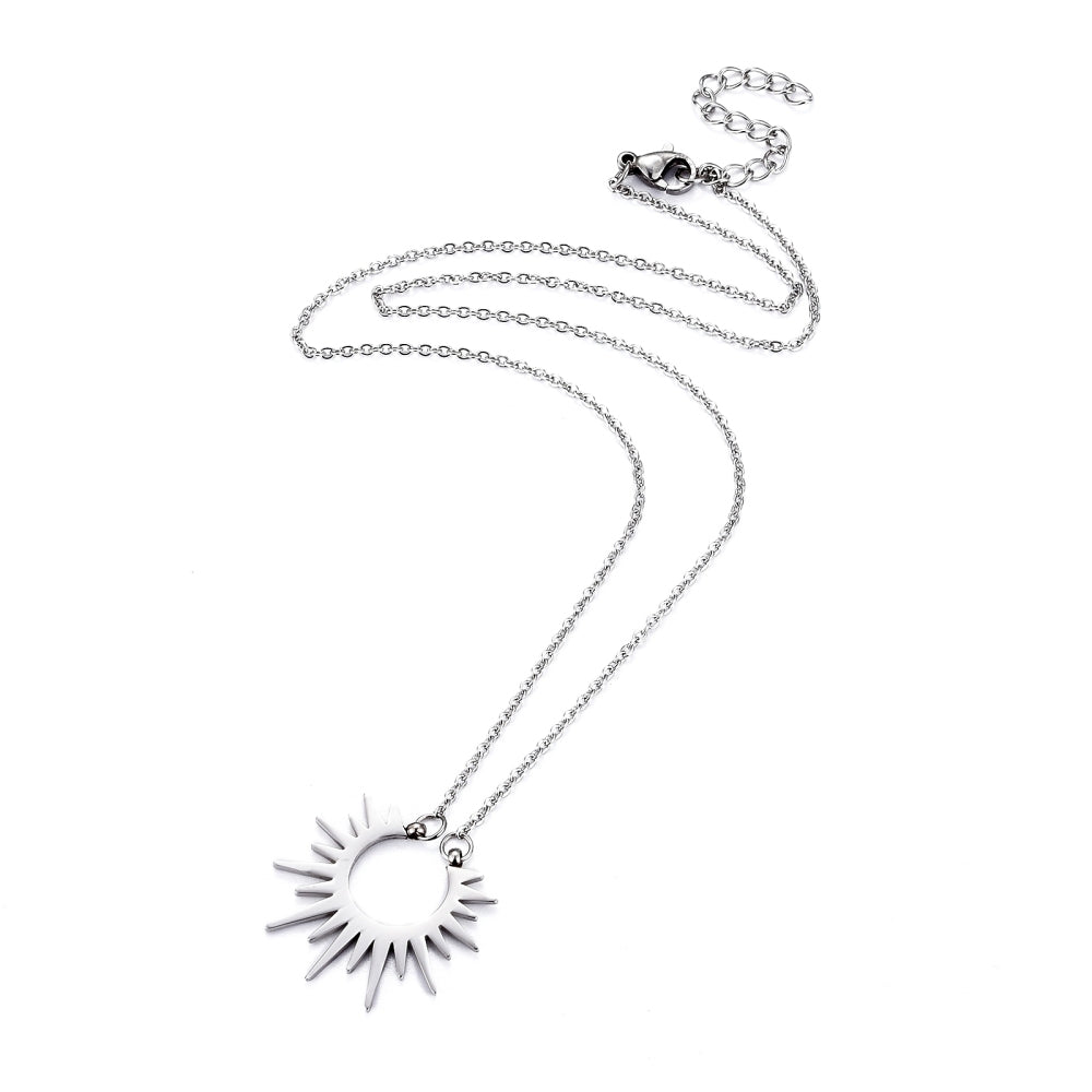 stainless steel sun pendant necklace on cable chain with lobster claw clasp and extender on white background. 