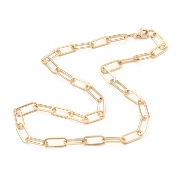 golden paperclip link chain necklace with lobster claw clasp on a white background. 