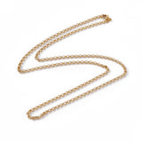 golden medium Rolo chain necklace with lobster claw clasp on white background. 