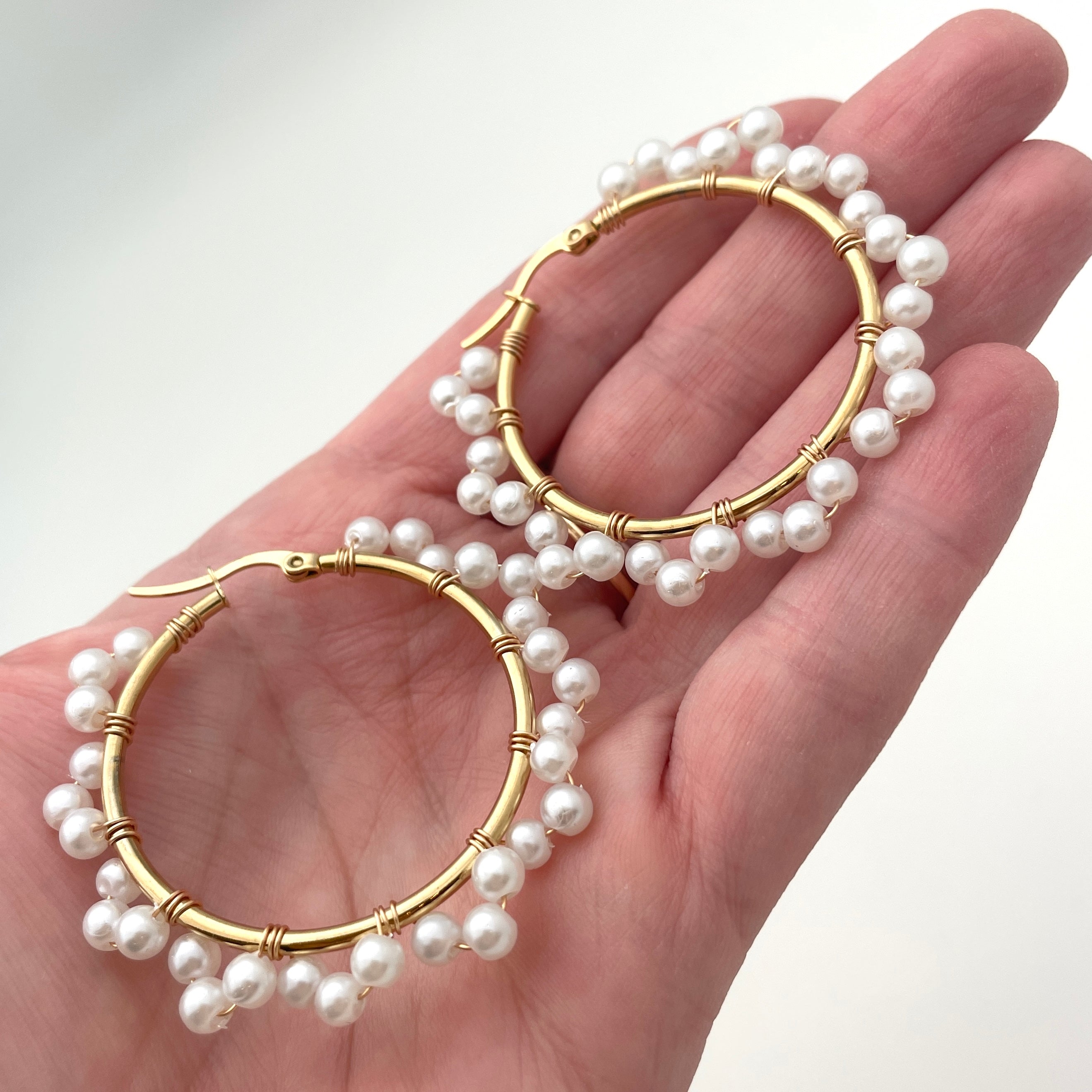 Faux Pearl Wrapped Hoop Earrings