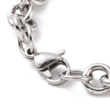 zoomed in lobster claw clasp on stainless steel large Rolo chain necklace on white background. 