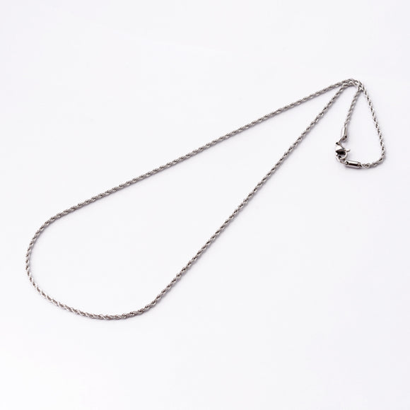 stainless steel rope chain with lobster claw clasp on white background. 