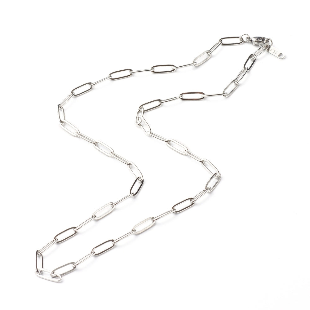 silver tone medium link paperclip chain necklace with lobster claw clasp over white background. 