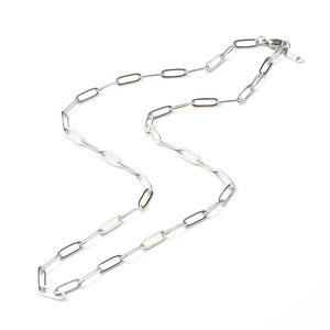 stainless steel medium link paperclip chain necklace with lobster claw clasp on white background. 